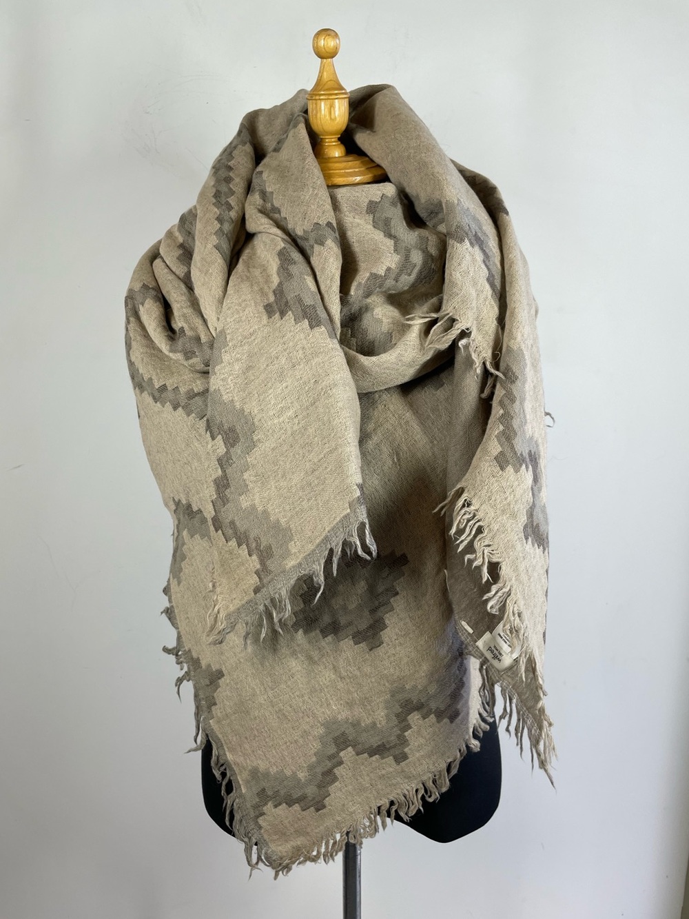 Wilfred Neutral Beige Geometric Aztec Wool Blanket Scarf Oversized Boho Travel